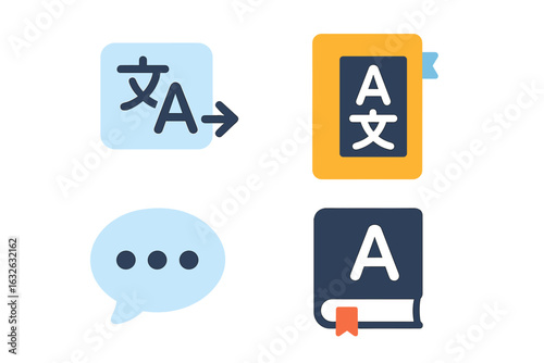 Language Translation icons set. Flat vector illustration of translation app, multilingual dictionary, speech bubble, language learning tools, communication, phrasebook, vocabulary, bilingual symbols