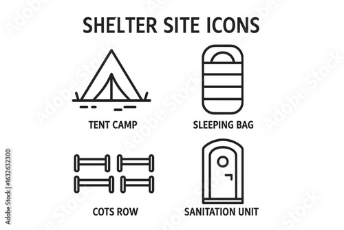 Shelter site outline icon set for emergency management. Vector icons of tent camp, sleeping bag, cots, portable toilet for refugee, disaster relief, and humanitarian aid.