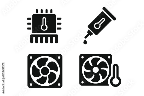 Computer Temperature and Cooling Vector Icons Set. CPU Heat Sink, Thermal Paste Application, Cooling Fan, Overheating Warning, Electronics Temperature Control, Hardware Maintenance Illustration.