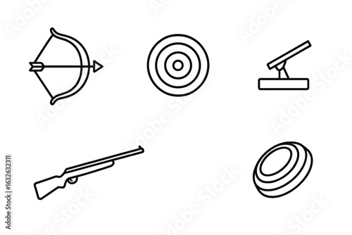 Shooting sports line icon set. Archery and hunting equipment symbols. Vector outline of bow, arrow, target, bullseye, rifle, shotgun, skeet launcher, clay pigeon.