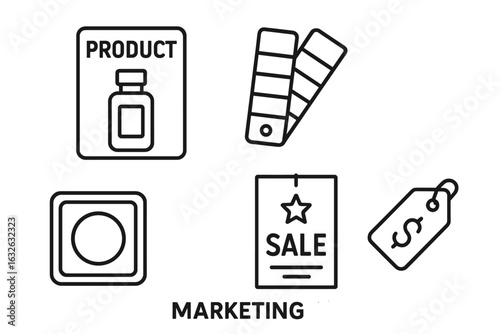 Marketing icon set. Outline vector illustrations of branding, product label, shade swatch, tester pan, promotional sale poster, price tag. Modern marketing, retail, branding graphics.