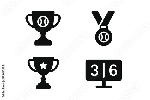 Tennis Competition Trophy Icons Set. Solid vector illustration of tennis champion cup, winner award, sports medal, scoreboard, score display. Tennis tournament achievement, sports success collection.