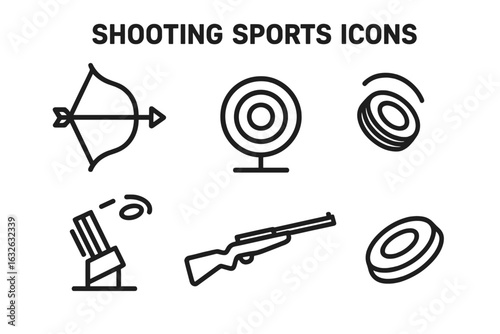 Shooting sports line icon set. Archery bow and arrow, gun, and target symbols. Vector outline pictograms for skeet, trap shooting, and hunting competition concept.