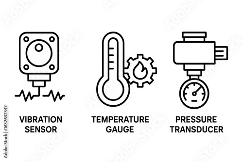 Predictive maintenance sensor icon set. Industrial condition monitoring vector icons for vibration, temperature, and pressure. Outline illustration for IoT technology concept.