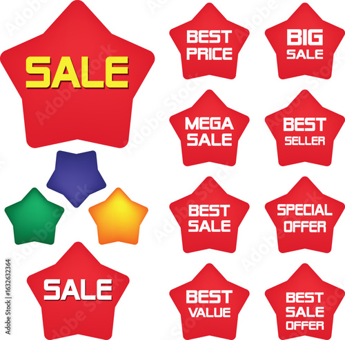 Best for sale sticker, price tag, quality mark, Red postage stamps, A collection of different colored star stickers, Realistic red price tags collection, Special offer or shopping discount label.