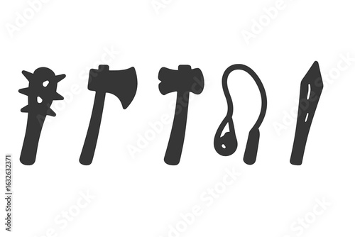 Fantasy Troll Weapon Icons Set. Black Silhouette Vector of Spiked Club, Battle Axe, Double Axe, Rock Sling, Primitive Spear. Barbarian, Orc, Monster Armory, Medieval RPG Game, Transparent Background