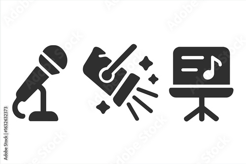Singing performance solid icon set. Stage elements microphone, spotlight, music stand with note. Vector glyph for concert, karaoke, live show, entertainment, event design.