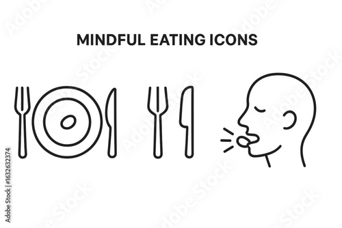 Mindful eating icons set. Outline vector illustration of mindful eating practice with small portion plate, utensils resting, mindful chewing, healthy eating habits, portion control, wellness concept.