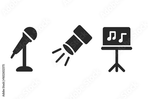 Singing performance vector icon set. Solid glyph symbols for a concert or show. Stage elements including a microphone, spotlight, and music stand for entertainment events.