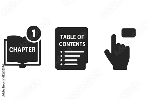Chapter and Table of Contents Solid Icon Set. Educational Textbook Organization, Chapter Marker, Index Finger Tab, Navigation, Study Material, eLearning, School, Curriculum, Vector Illustration