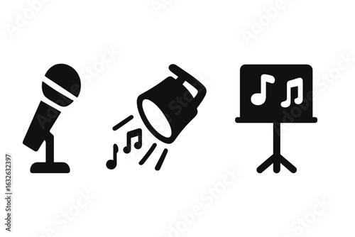 Singing performance solid icon set. Live music concert and karaoke elements. Stage microphone, spotlight, and music stand vector glyphs for entertainment show design.