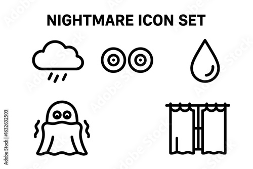 Nightmare Fear Dream Icon Set. Outline Vector Symbols of Night Terrors, Insomnia, Anxiety, Dark Cloud Rain, Wide Awake Eyes, Sweat, Ghost Under Blanket, Window Curtains, Sleepless Restless Night