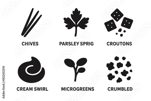 Soup garnish solid icon set. Filled glyph collection with chives, parsley sprig, croutons, cream swirl, microgreens, crumbled bits. Food topping vector illustration.