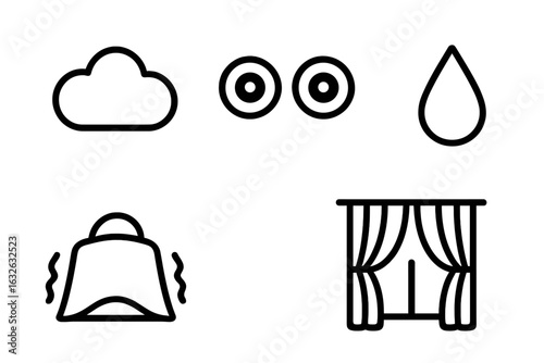 Nightmare Outline Icon Set of Fear and Sleep Disturbance: Dark Cloud, Wide Eyes, Sweat Drop, Shaking Blanket, Closed Curtains. Vector Illustration, Insomnia, Night Terror, Anxiety, Bad Dream Concepts