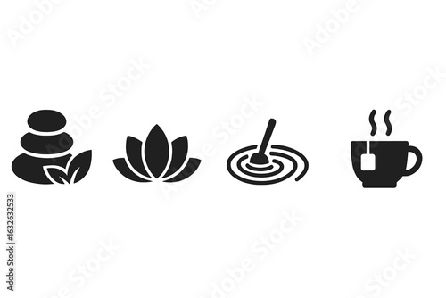 Spa wellness solid icons. Zen concept with stacked massage stones, lotus flower, meditation garden, and herbal tea. Relaxation, balance, harmony, mindfulness silhouette symbols.