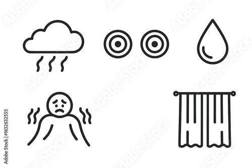 Nightmare and Fear Icon Set. Outline vector symbols for insomnia, bad dreams, anxiety, sleeplessness. Cloud rain, wide eyes, sweat drop, shivering person, closed curtains. Sleep disorder concept.