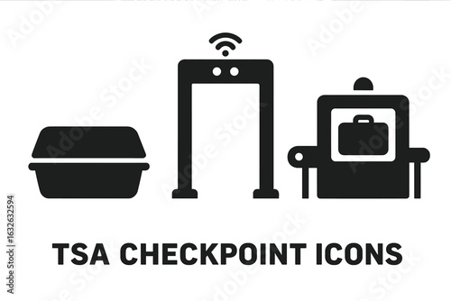 TSA Checkpoint Security Icons Vector Set. Solid Filled Illustrations of Plastic Bin, Walk-Through Metal Detector, X-Ray Machine. Airport Security Line Essentials Symbols for Travel and Safety Concept