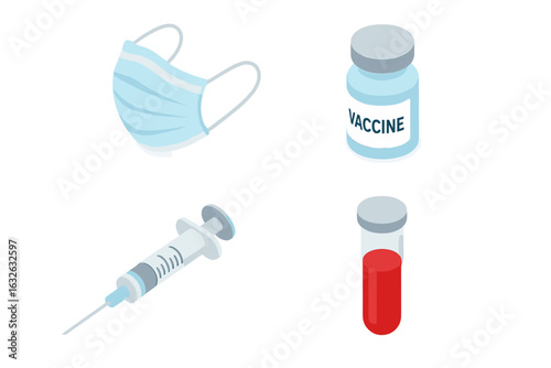 Medical Pandemic Response Icons Set. Isometric Vector Illustration of Protective Face Mask, Vaccine Vial, Syringe Injection, Blood Test Tube for Healthcare, Immunization, Virus, Disease Prevention