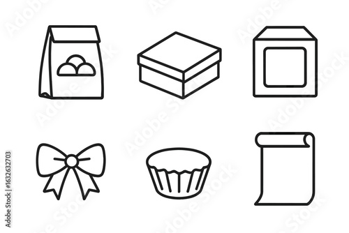 Outline Pastry Packaging Icons Set. Vector Line Icons of Bakery Packaging: Paper Bag, Gift Box, Window Box, Ribbon Bow, Cupcake Liner, Parchment Sheet. Baking Supplies, Food Wrap, Confectionery Pack