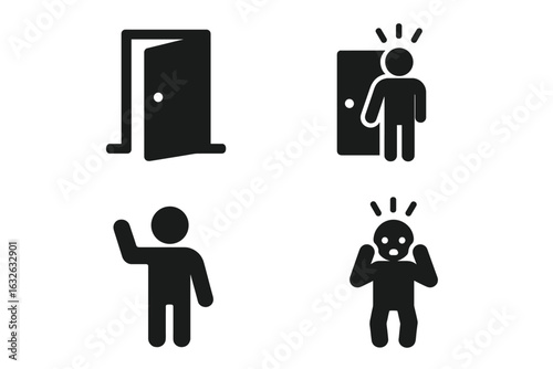 Unexpected Encounters Icon Set. Solid Filled Vector Illustrations of Open Door, Surprised Visitor, Waving Person, Startled Reaction. Human Emotions, Entrance Events, Social Interaction Concept
