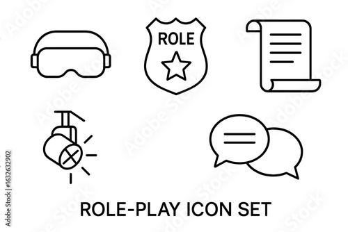 Role-Play Outline Icon Set. Simulation, Acting, Virtual Reality Headset, Role Badge, Script Scroll, Stage Spotlight, Dialogue Speech Bubbles. Theater, Drama, Communication Vector Illustration