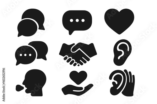 Communication and empathy vector icons set. Conversation, speech bubble, handshake, listening, ear, heart, empathy, support, care, trust, emotional intelligence, social interaction symbols.