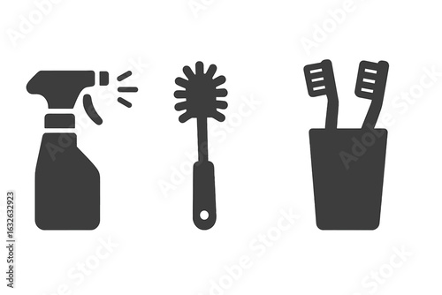 Solid cleaning icons set. Toothbrush holder, spray bottle, cleaning brush. Bathroom hygiene, oral care, sanitation tools. Vector illustration isolated for cleaning, maintenance, dental hygiene.