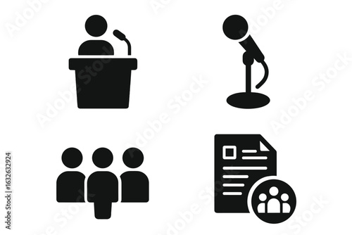Town hall meeting icons set. Solid filled community event symbols: speaker podium, microphone, audience, agenda document, group logo. Civic engagement, municipal conference vector illustration