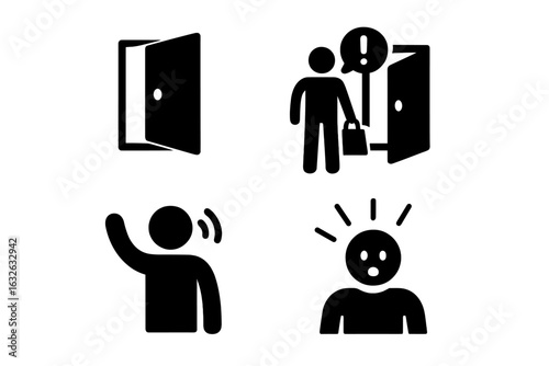Unexpected Encounters Vector Icons Set. Open Door, Surprise Visitor, Greeting Waving Figure, Shocked Startled Expression. Solid Filled Black Silhouette Symbols. Concept for Unexpected Arrival or Visit
