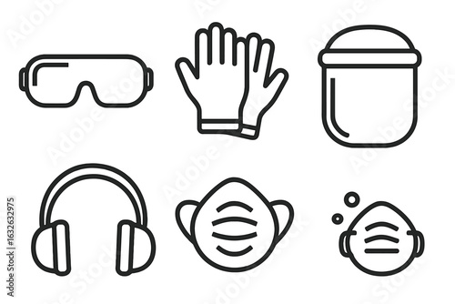 Personal Protective Equipment Vector Icons Set. Safety Goggles, Work Gloves, Face Shield, Ear Muffs, Respirator Masks. Occupational Health and Industrial Safety Gear. Outline Design Isolated on White