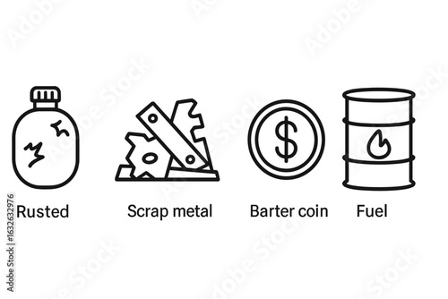 Post-Apocalyptic Scavenger Economy Icons Set. Outline Vector Collection of Survival Items Including Rusted Canteen, Scrap Metal, Barter Coin, Fuel Barrel. Trading, Resource Gathering Concept