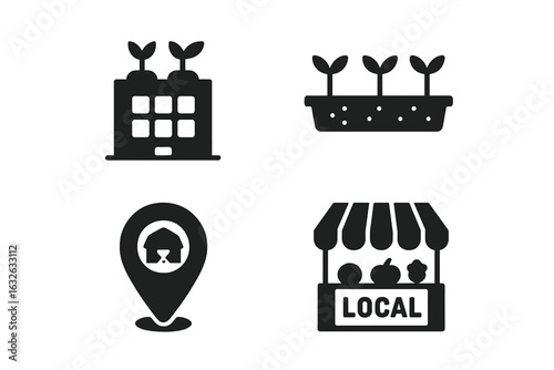 Urban Farming Icons Set, Local Food Market, Rooftop Garden, Hydroponic Seedling Tray, Farmers’ Market, Community Source, Eco Agriculture, Sustainable City Food Systems, Vector Illustrations