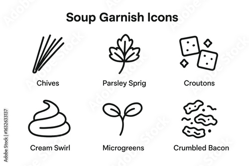Soup Garnish Icons Set. Outline Vector Illustration of Chives, Parsley Sprig, Croutons, Cream Swirl, Microgreens, Crumbled Bacon. Minimal Line Art Food Elements for Restaurant Menu, Cooking Design