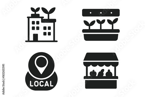 Urban farming icon set. Solid filled vector illustrations of rooftop garden, hydroponic tray, local farm market stand, location marker. City agriculture, homegrown produce, sustainable food source.