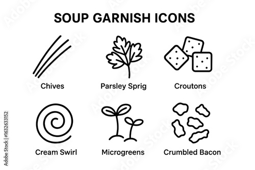 Outline vector icon set of soup garnishes including fresh chives, parsley sprig, crispy croutons, creamy swirl, microgreens, and crumbled bacon for cooking and food design