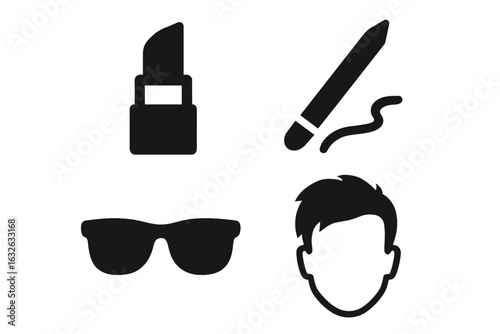 Modern Urban Fashion and Beauty Vector Icons Set. Solid Silhouette Makeup, Grooming, Bold Lipstick, Eyeliner Pencil, Sunglasses, Trendy Male Hairstyle. Minimalist Black Pictogram Collection