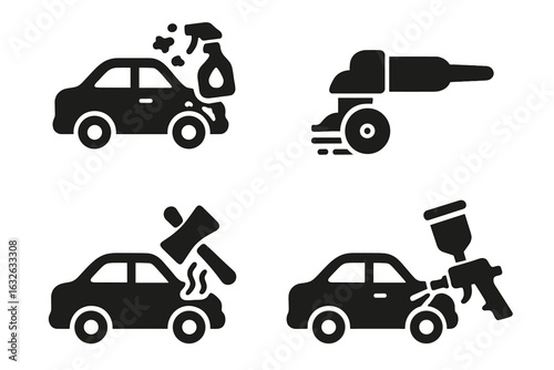 Vehicle Restoration and Repair Solid Icons Set. Car Rust Removal, Sanding Machine, Body Filler Application, Primer Spray Painting, Auto Bodywork Maintenance. Automotive Repair Concepts Vector