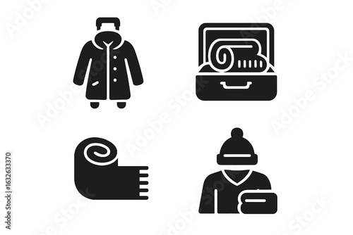 Winter travel essentials glyph icon set. Packing warm clothes for vacation. Luggage with parka coat, scarf, and hat. Solid silhouette pictograms. Vector illustration.