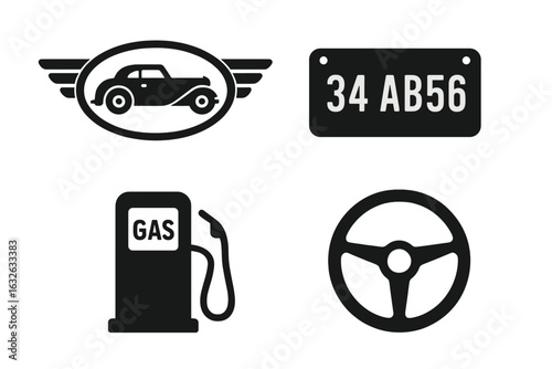 Vintage Car Icons Set. Classic Automobile Emblem, Old Car Steering Wheel, Retro License Plate, Gasoline Pump Symbol. Solid Silhouette Vector for Vehicle History, Automotive Design, Transport.