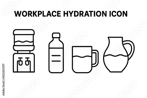 Workplace hydration outline icon set. Office water cooler, desk bottle, glass mug, and communal jug vector icons. Healthy drinking habits and beverage concept symbols.