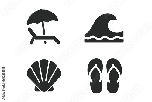 Tropical beach vector icons set. Solid black illustration of summer vacation elements—umbrella, lounge chair, ocean wave, seashell, flip flops. Minimalist holiday, seaside leisure, travel concept