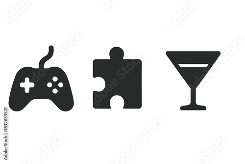 Virtual Activities Icons Set. Solid Vector Symbols for Online Gaming, Puzzle Entertainment, Social Drinks. Game Controller, Jigsaw Piece, Cocktail Glass. Modern Minimal Style Isolated