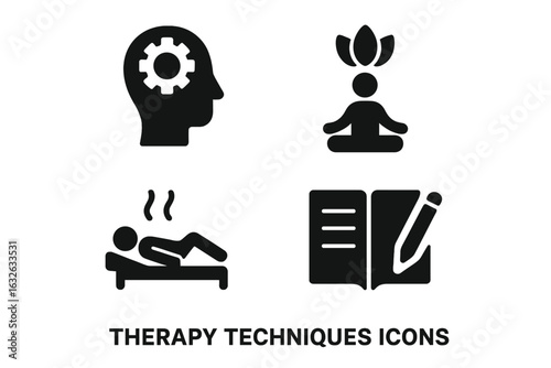 Cognitive Behavioral Therapy Icons Set. Mental Health Mindfulness Meditation, Relaxation, Counseling, Psychotherapy, Journaling, Self Care, Wellness, Stress Relief. Black Silhouette Vector Collection
