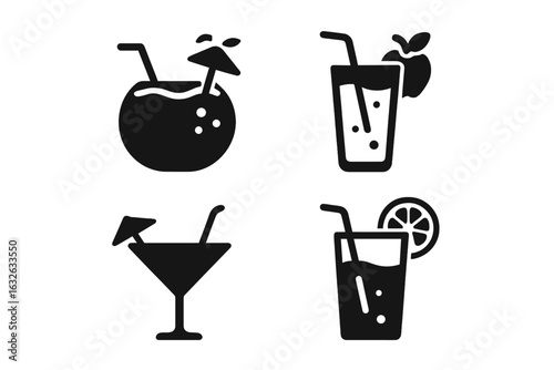 Tropical drink icons set. Solid filled vector illustration of summer cocktails, coconut drink, fruit juice, apple smoothie, lemonade glass. Poolside beverages, exotic bar, refreshing party drinks.