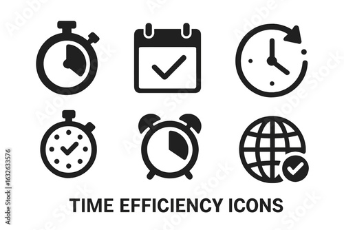 Time efficiency icon set with solid stopwatch, calendar, clock hands, timer, alarm bell, and time zone symbols, vector illustration for productivity and scheduling concepts