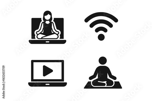 Virtual yoga icons set. Online meditation instructor, streaming yoga class laptop, digital wellness practice, internet connection, remote yoga mat session, home workout vector illustration