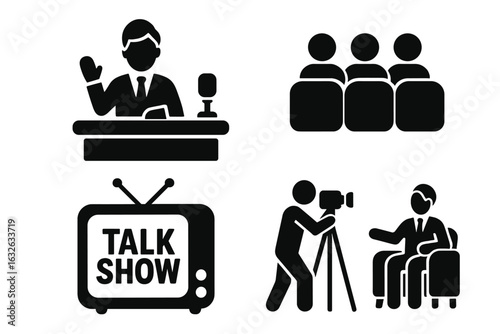 Talk Show TV Set Icons Collection. Flat Vector Illustrations of Television Host at Desk, Studio Audience, TV Talk Show Logo Screen, Cameraman Filming Guest Interview. Media Production Concept.