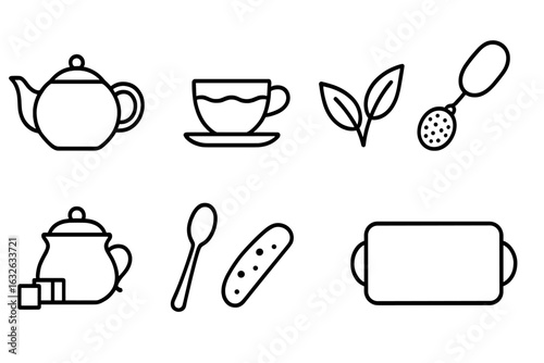 Outline Tea Time Icon Set. Black Line Art Tea Pot, Cup, Saucer, Tea Leaves, Infuser, Sugar Bowl, Spoon, Biscuit, Serving Tray. Elegant Afternoon Tea Drink, Cafe, Beverage, Kitchenware Concept Vector