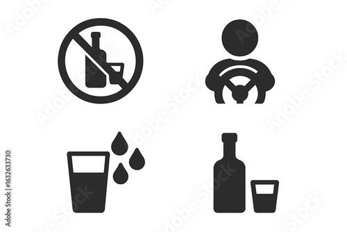 Alcohol Safety Icons Set. No Alcohol Sign, Designated Driver, Hydration Glass, Vodka Bottle with Shot. Solid Fill Vector Illustrations. Responsible Drinking, Health, Road Safety, Sobriety