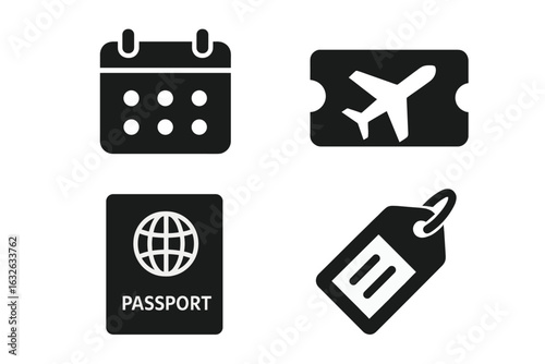 Modern Black Solid Travel Icons Set. Flight Booking Calendar, Airplane Ticket, Passport, Luggage Tag. Essential Vector Symbols for Vacation, Journey, Tourism, Airport, Flight Planning, Travel Permit